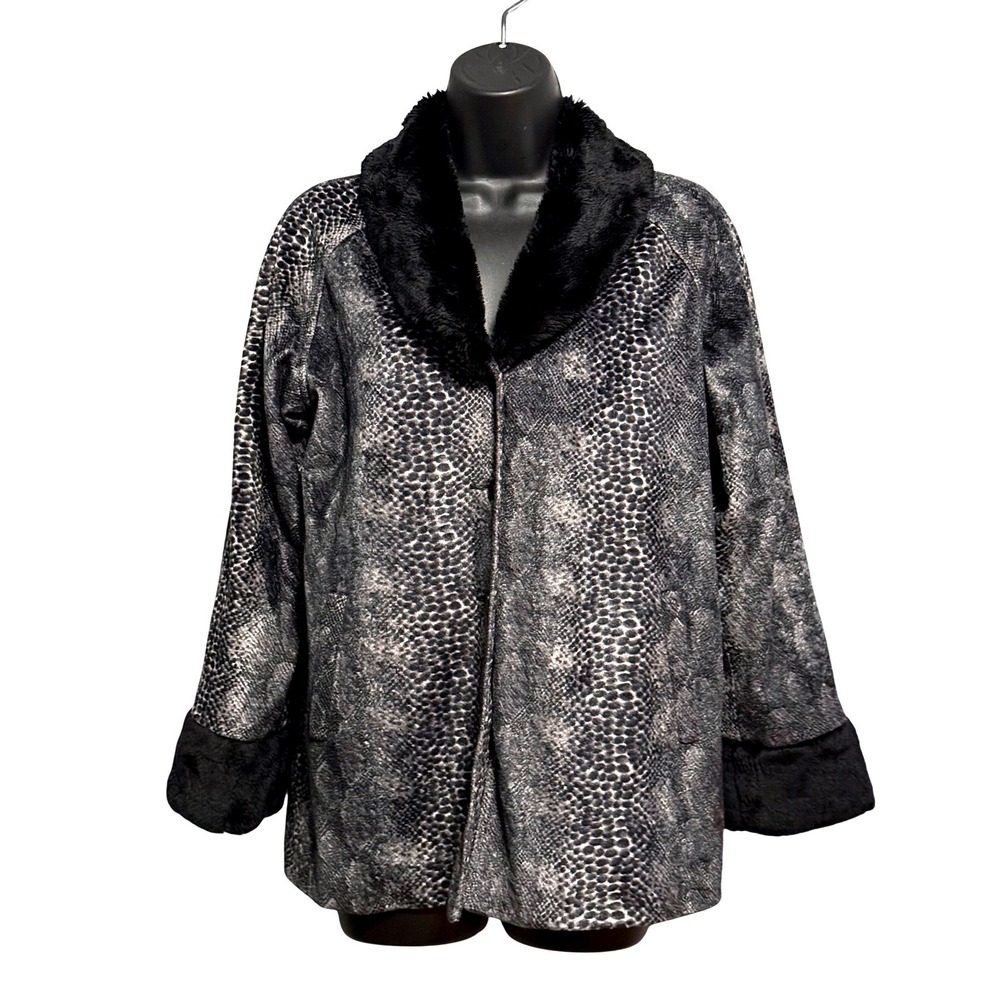 Guess Women Grey Black Snakeskin Faux Fur Trimmed Button Jacket Coat Sz XL
